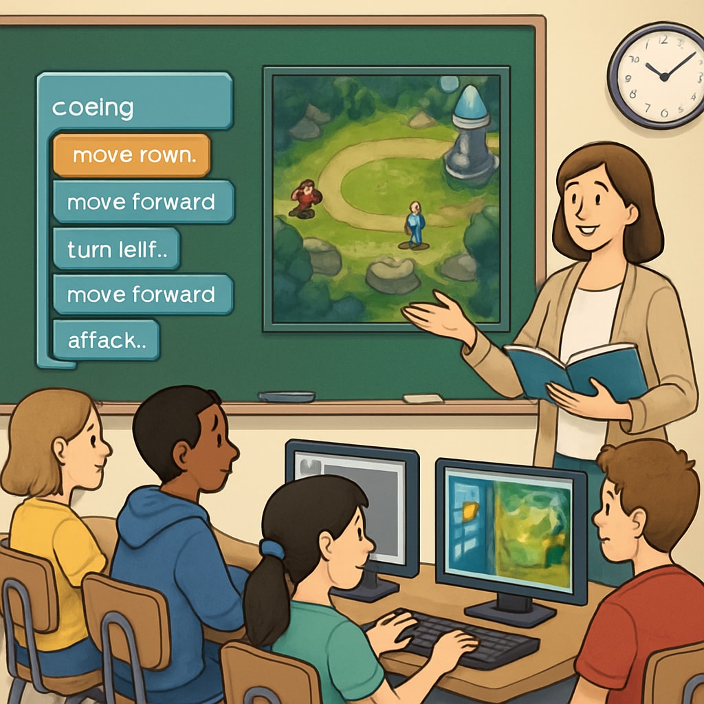A classroom setup with students learning coding through a gaming interface, demonstrating the interdisciplinary nature of esports education. Classroom coding session via gaming interface, highlighting esports education's interdisciplinary approach.