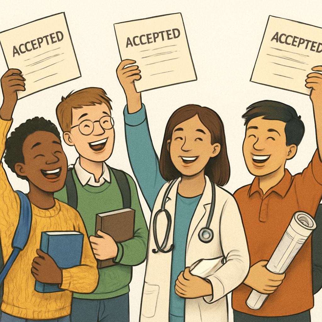 A diverse group of students celebrating their acceptance letters, representing diverse academic profiles. Students celebrating acceptance into Harvard University with diverse academic profiles.
