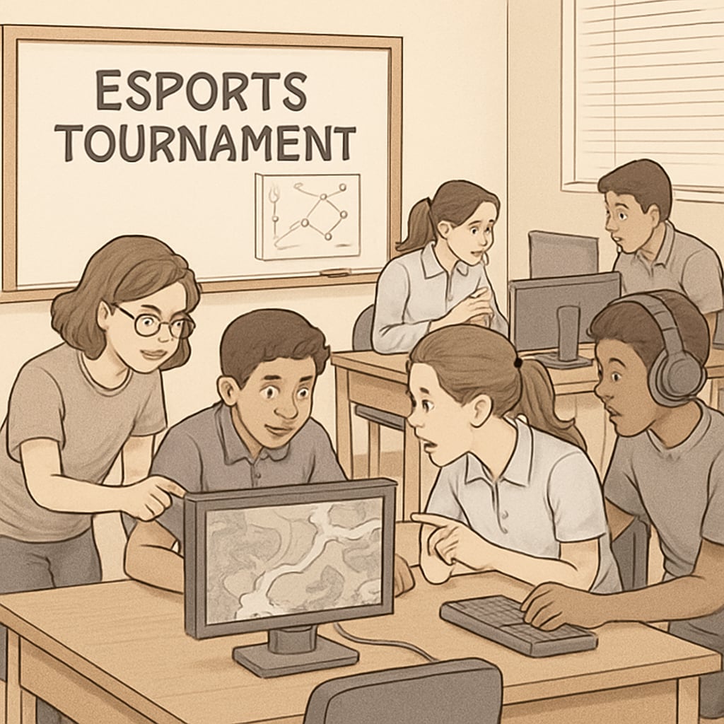 Students participating in a classroom esports tournament, engaging in teamwork and problem-solving. Classroom esports tournament with students collaborating, illustrating game-based learning.