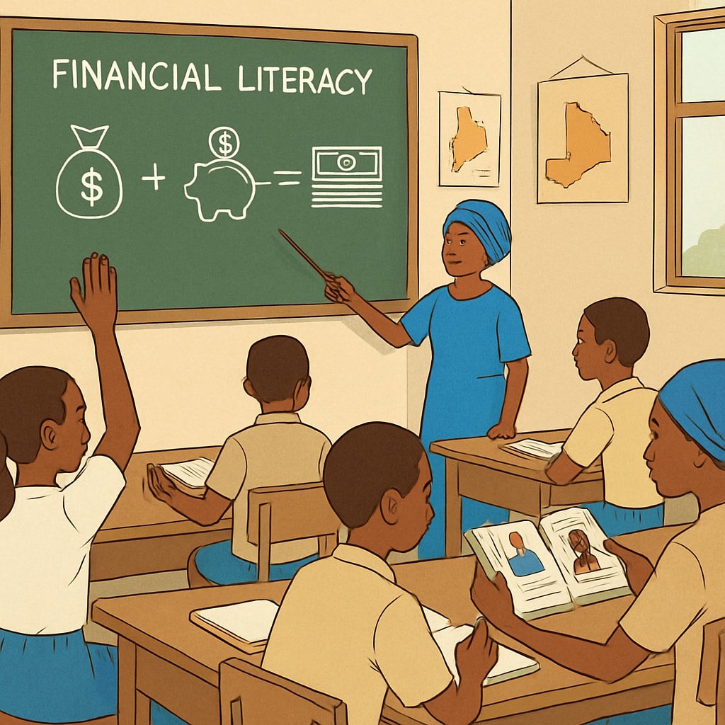 A classroom in Mali with students engaged in learning activities related to financial literacy. The image highlights the importance of foundational education in shaping future careers. Malian students learning financial literacy in a classroom setting.
