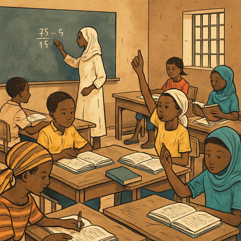 A classroom in a developing country with students engaged in learning, symbolizing the challenges and potential of K12 education in Mali. Students in a classroom in Mali discussing career planning and education opportunities.