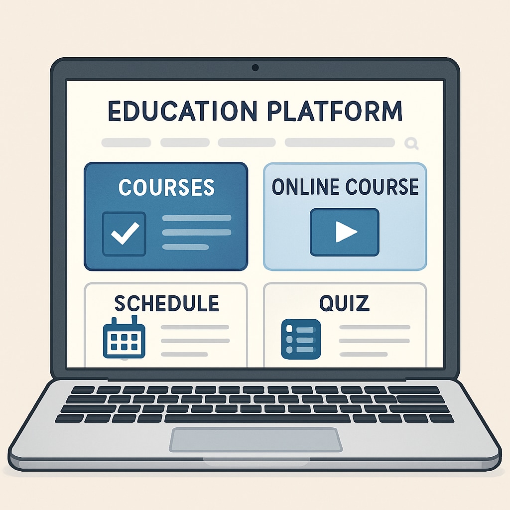 Laptop showing online educational platform with course categories