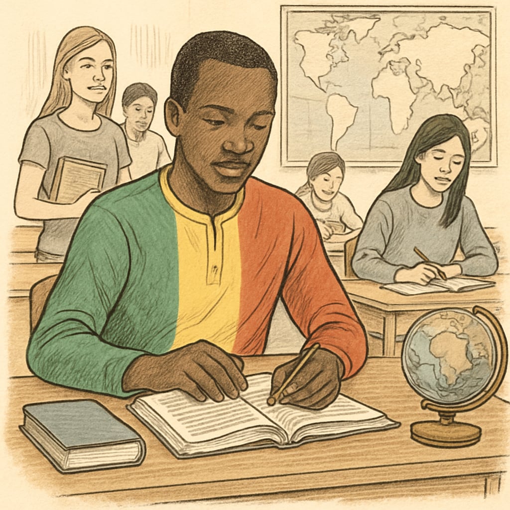 A Malian student studying in an international setting, symbolizing the benefits and challenges of study abroad. Malian student studying abroad to gain global financial knowledge.