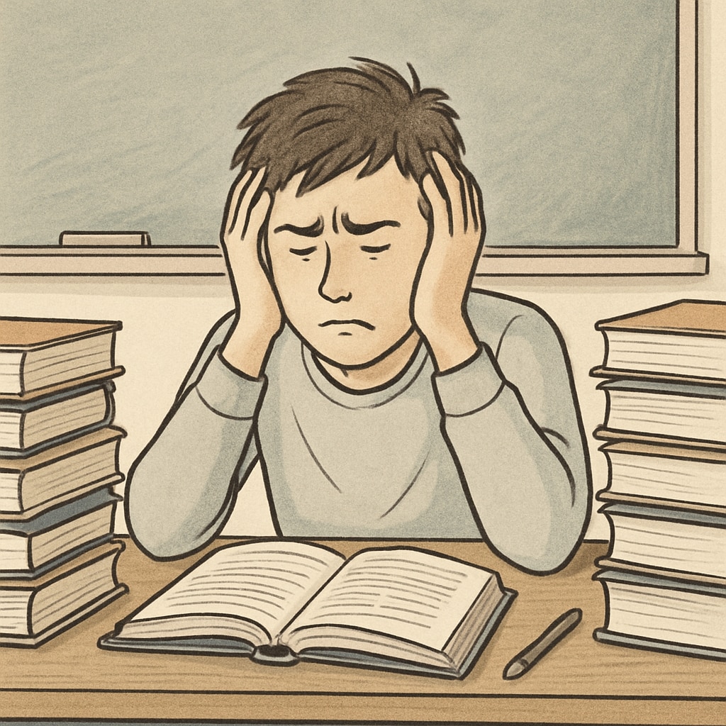 A student sitting at a desk, surrounded by stacks of books, looking stressed as they prepare for exams. Student experiencing academic anxiety while preparing for GCSE exams.