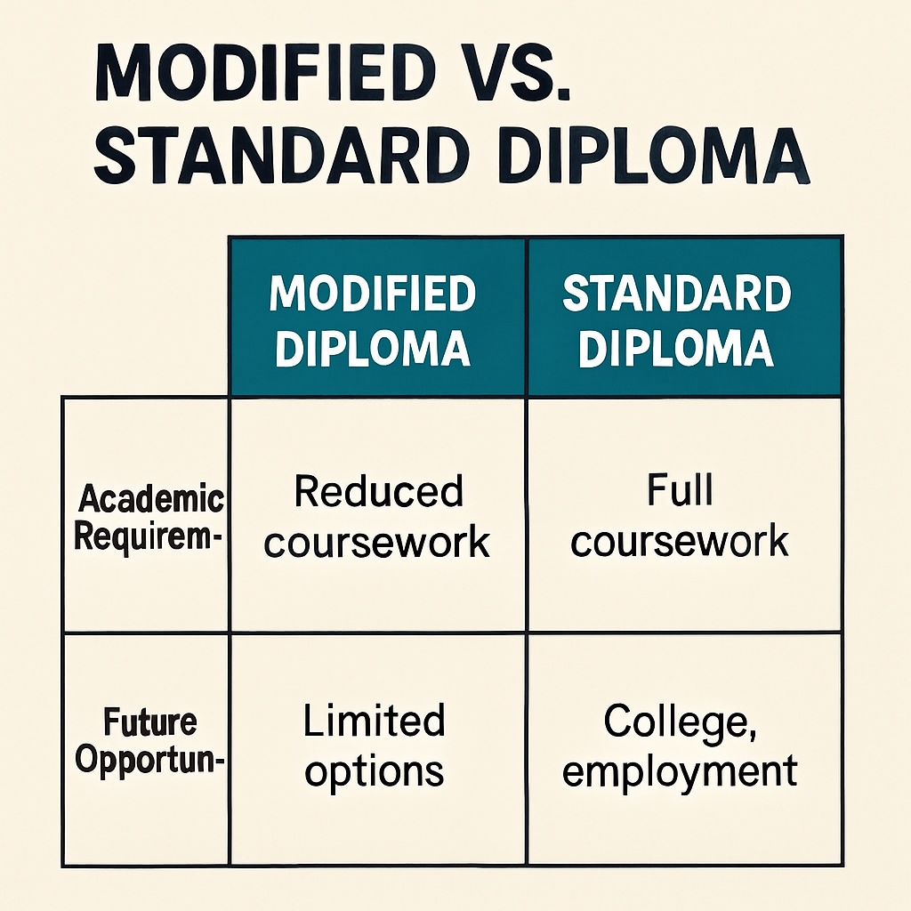 A chart comparing modified and standard diplomas, emphasizing differences in academic requirements and future opportunities. Comparison of modified and standard diplomas highlighting key distinctions.