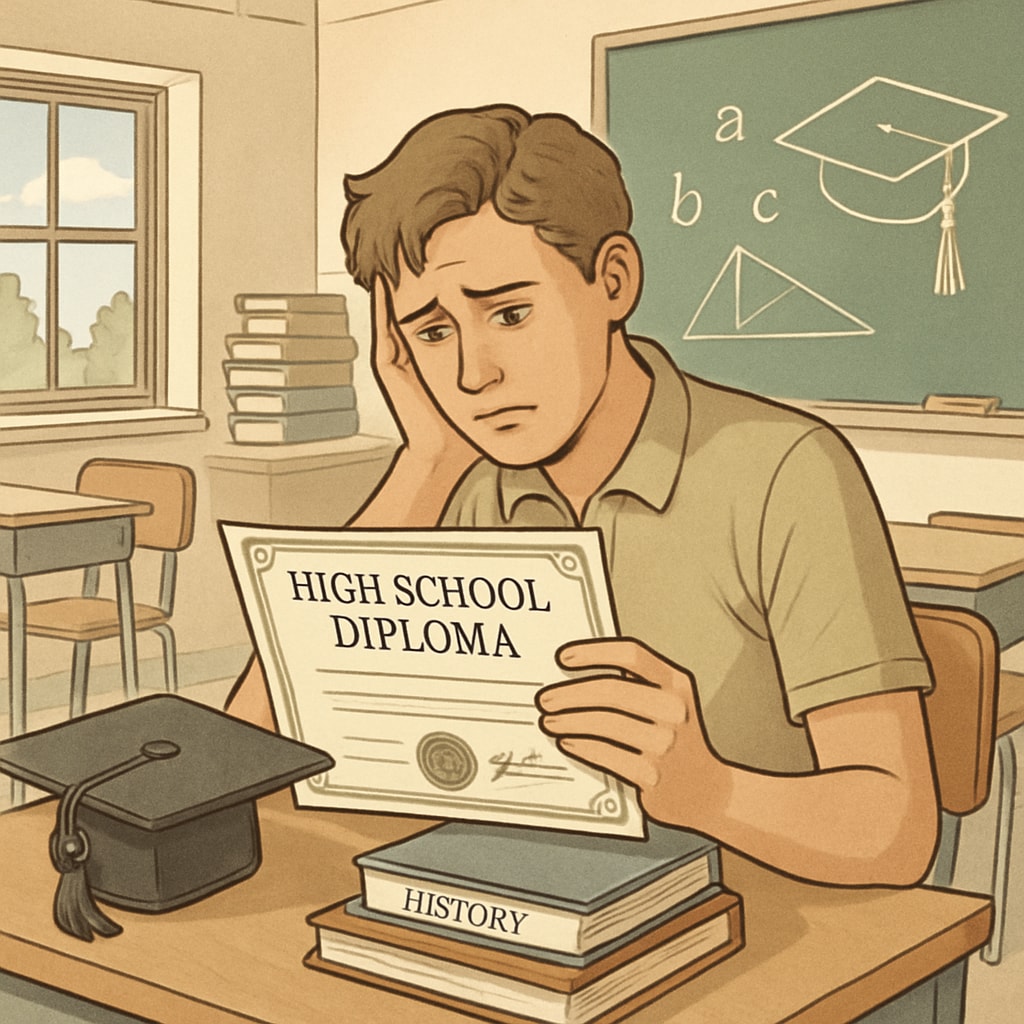 A student expressing regret while looking at their high school diploma, symbolizing the emotional impact of educational choices. Student showing regret about their high school diploma choice.