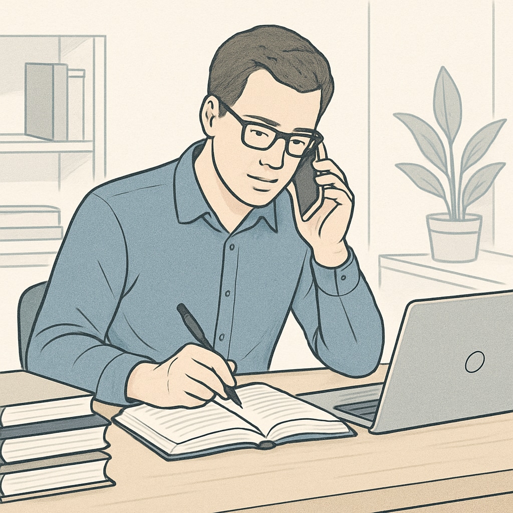 A professional in their 30s studying in a modern workspace with books and a laptop. The image conveys the theme of adult learning and multitasking. A professional studying in a workspace, balancing a master’s degree and career growth.