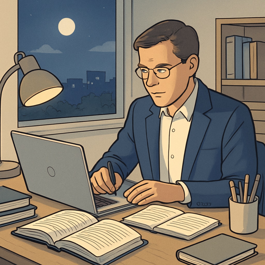 A mid-career professional working on their laptop during the evening, balancing work with education assignments. Mid-career professional balancing work and master's degree assignments.