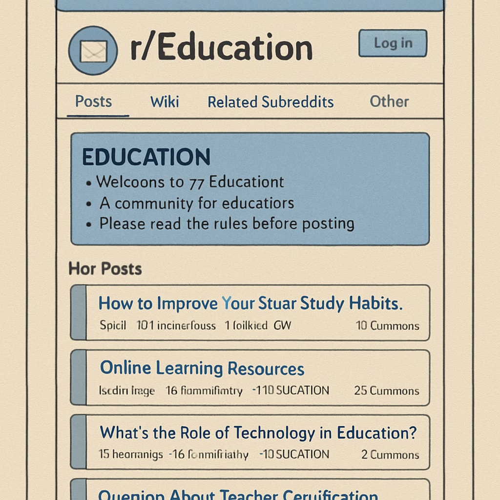 A screenshot of the r/Education subreddit homepage, showcasing educational posts and community guidelines. A screenshot of the r/Education subreddit homepage with community rules and posts.