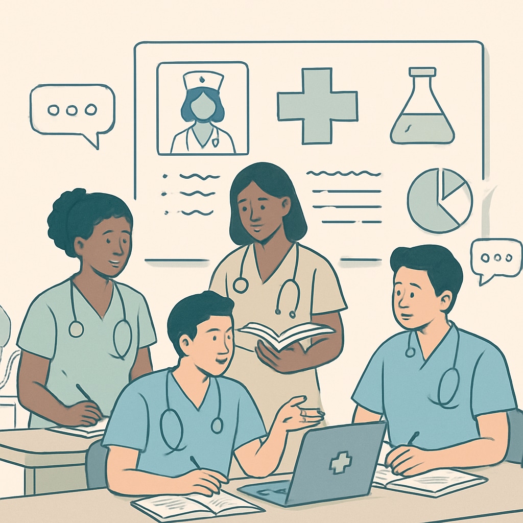 A diverse group of nursing students collaborating in a classroom setting. Nursing students discussing coursework together in a classroom.