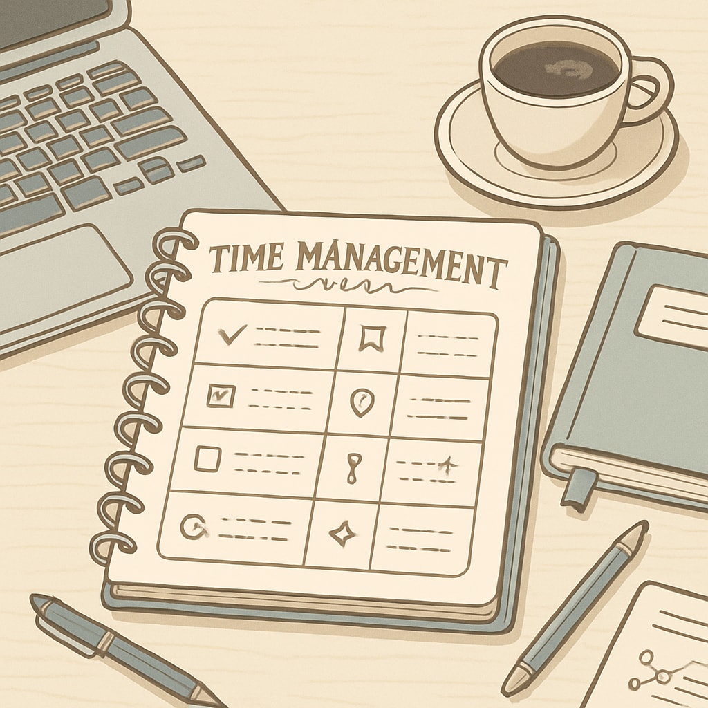 A time management planner on a desk, surrounded by a laptop, coffee cup, and study materials. The image emphasizes the importance of organization for professionals. A time management planner with study materials, symbolizing work-life-study balance.