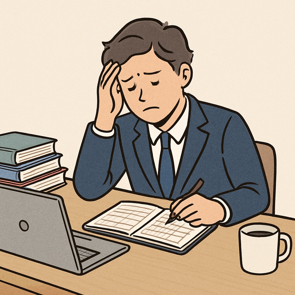 A professional sitting at a desk surrounded by books and a laptop, appearing stressed while managing their schedule. Professional feeling stressed while balancing work, education, and personal responsibilities.