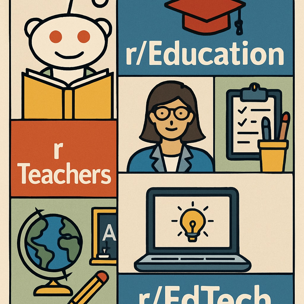 A collage of subreddit logos, including r/Education, r/Teachers, and r/EdTech, representing the diversity of educational communities on Reddit. Logos of educational subreddits like r/Education, r/Teachers, and r/EdTech.
