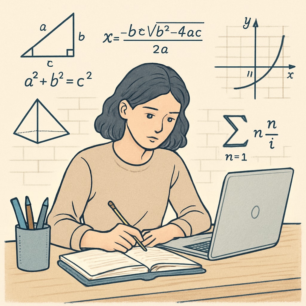 A young woman studying math with a laptop and a notebook, symbolizing self-improvement through online resources. A woman using YouTube to study for campus recruitment math tests.