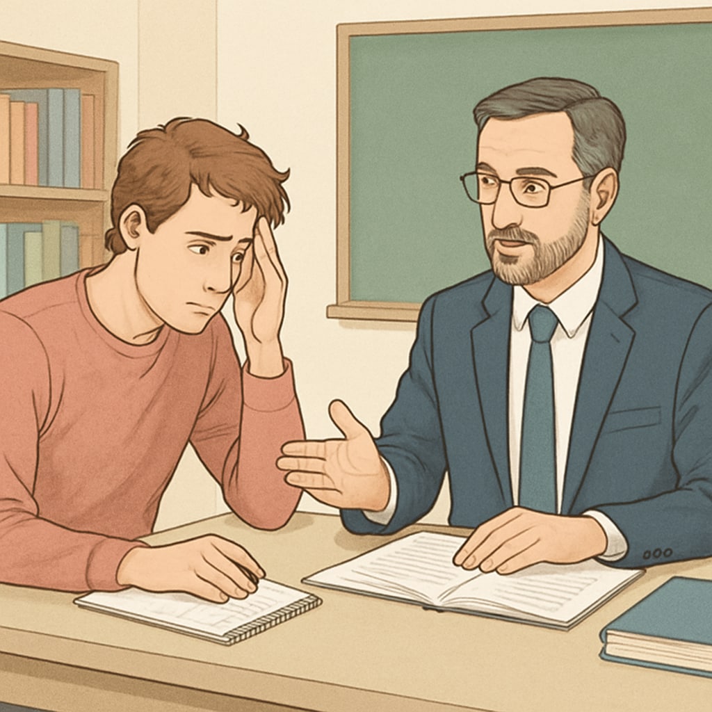 Distressed student discussing plagiarism accusations with professor.