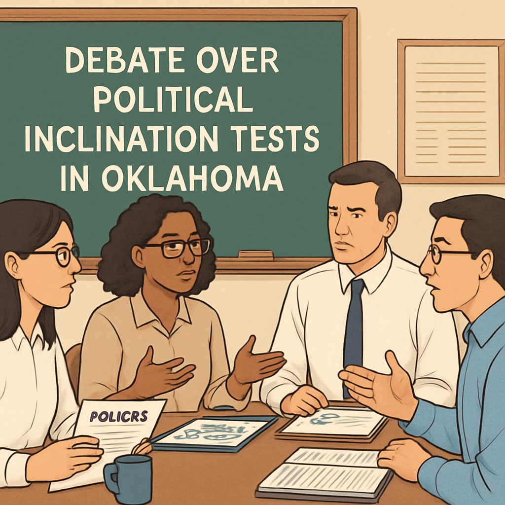 A classroom setting with teachers discussing educational policies, symbolizing the debate around political inclination tests in Oklahoma. Classroom debate about political inclination tests in Oklahoma.