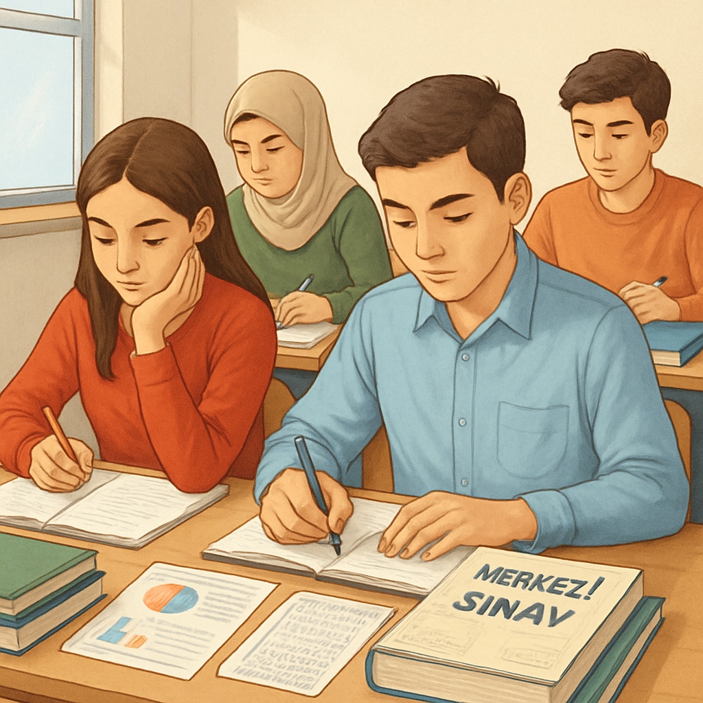 A classroom of Turkish students preparing for a centralized exam, reflecting the focus on standardized testing. Turkish students in a classroom preparing for a centralized exam, showcasing the exam-centric education system.