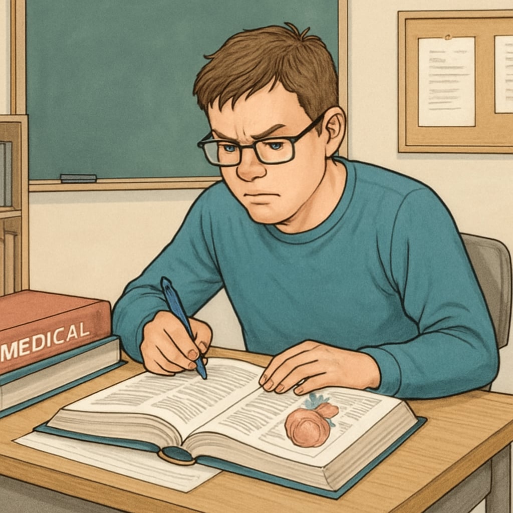 A student with a learning disability sits at a desk, looking determined while studying medical textbooks. A determined student with a learning disability studying medical textbooks.