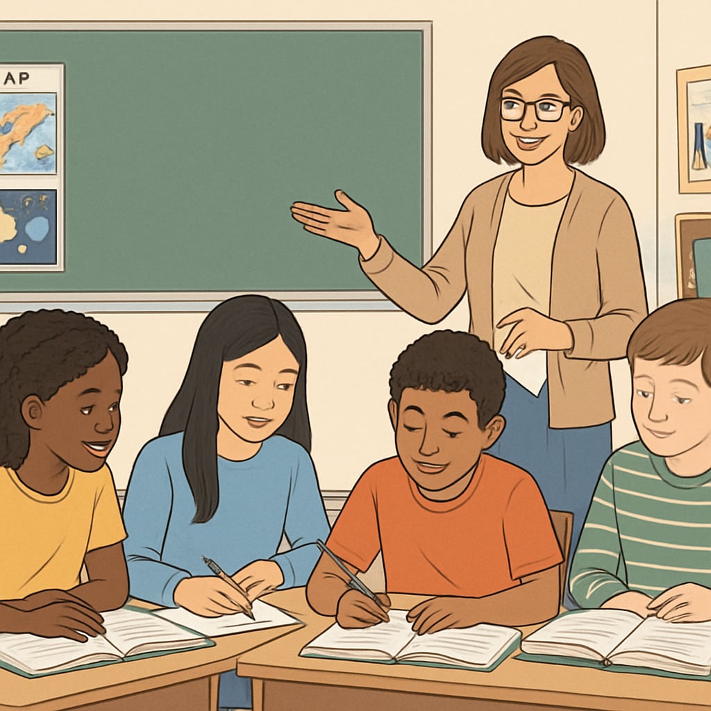 A group of students in a classroom, emphasizing the importance of a neutral and inclusive learning environment. Students in a classroom highlighting the need for inclusivity in education.