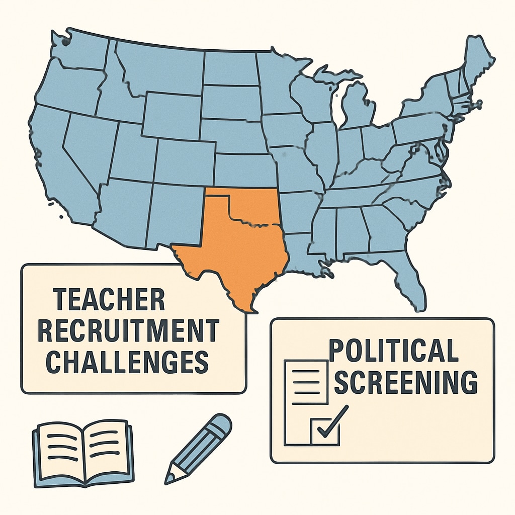 A map of the United States highlighting Oklahoma, accompanied by text discussing teacher recruitment challenges and political screening. Map of Oklahoma with text discussing teacher recruitment challenges.