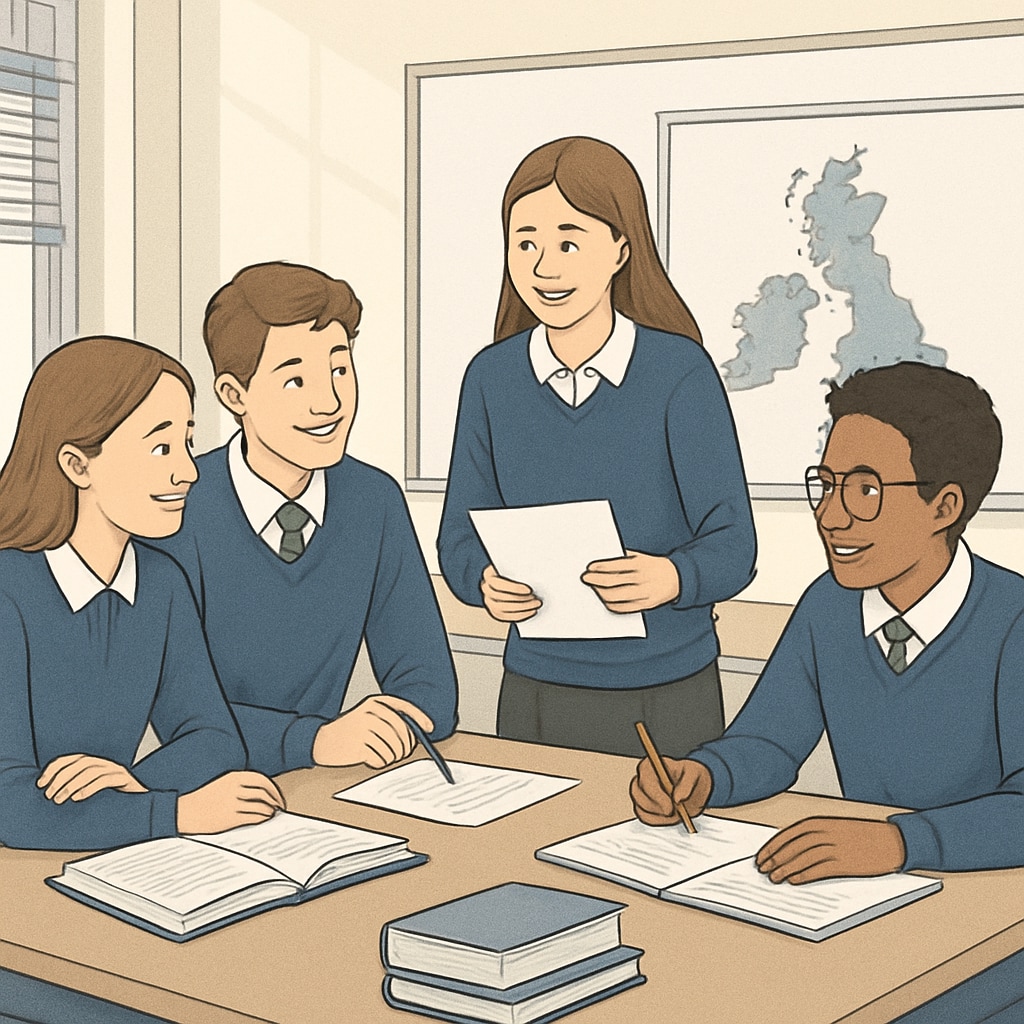 A group of UK students engaged in a collaborative project, illustrating the interactive and flexible nature of A Levels. UK students collaborating on a project, representing the flexibility and interactive learning in A Levels.
