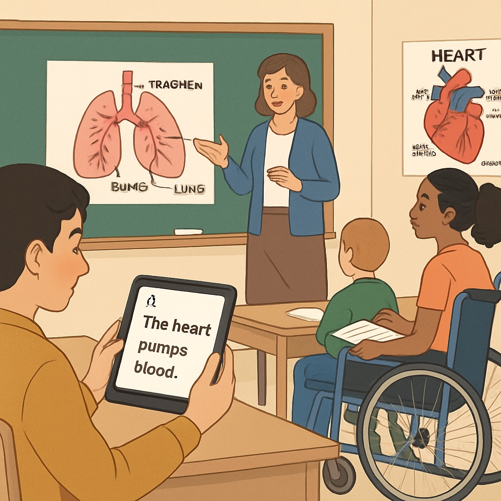 A classroom equipped with adaptive tools like speech-to-text devices and accessible medical diagrams, promoting inclusivity. Inclusive classroom with adaptive tools for students with learning difficulties.