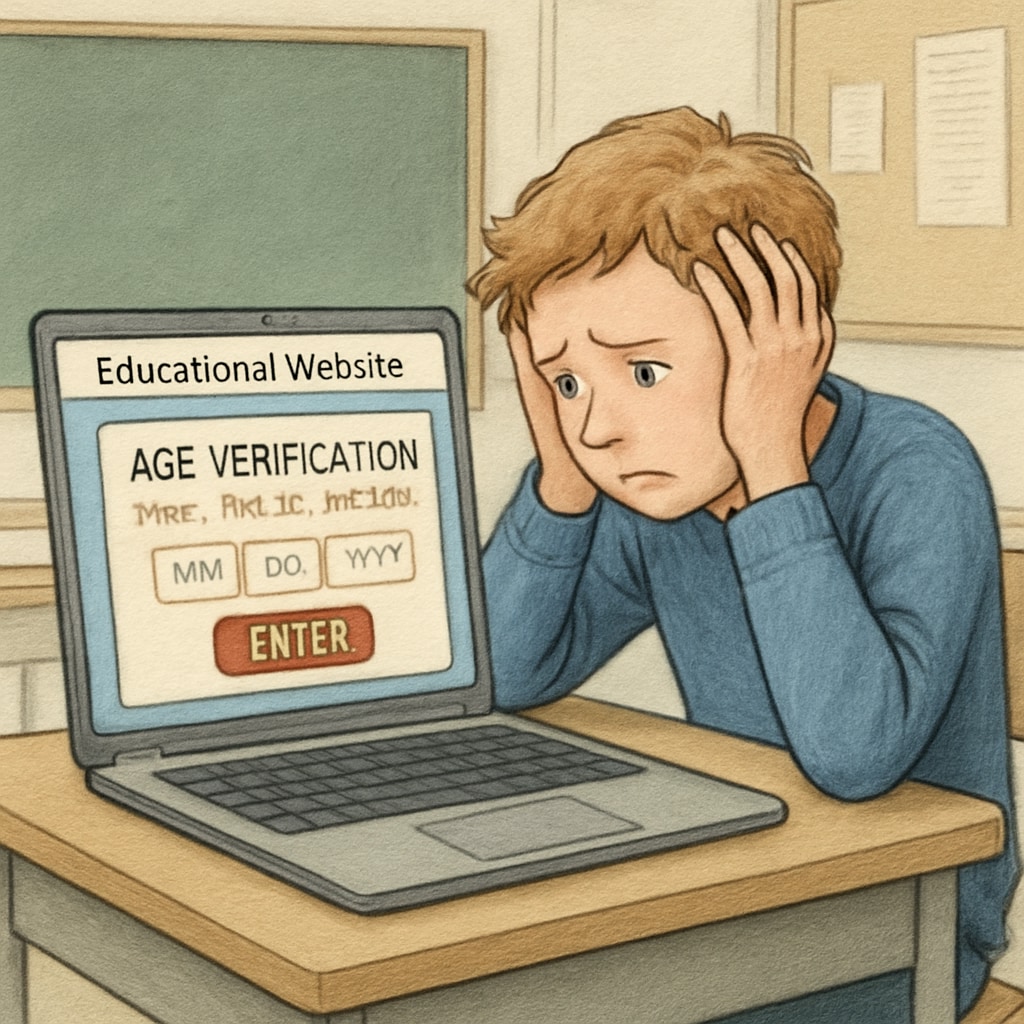 A young student sitting at a desk, looking frustrated while a pop-up age-verification screen blocks access to an educational website on their laptop. A student encountering an age-verification barrier on an educational platform.