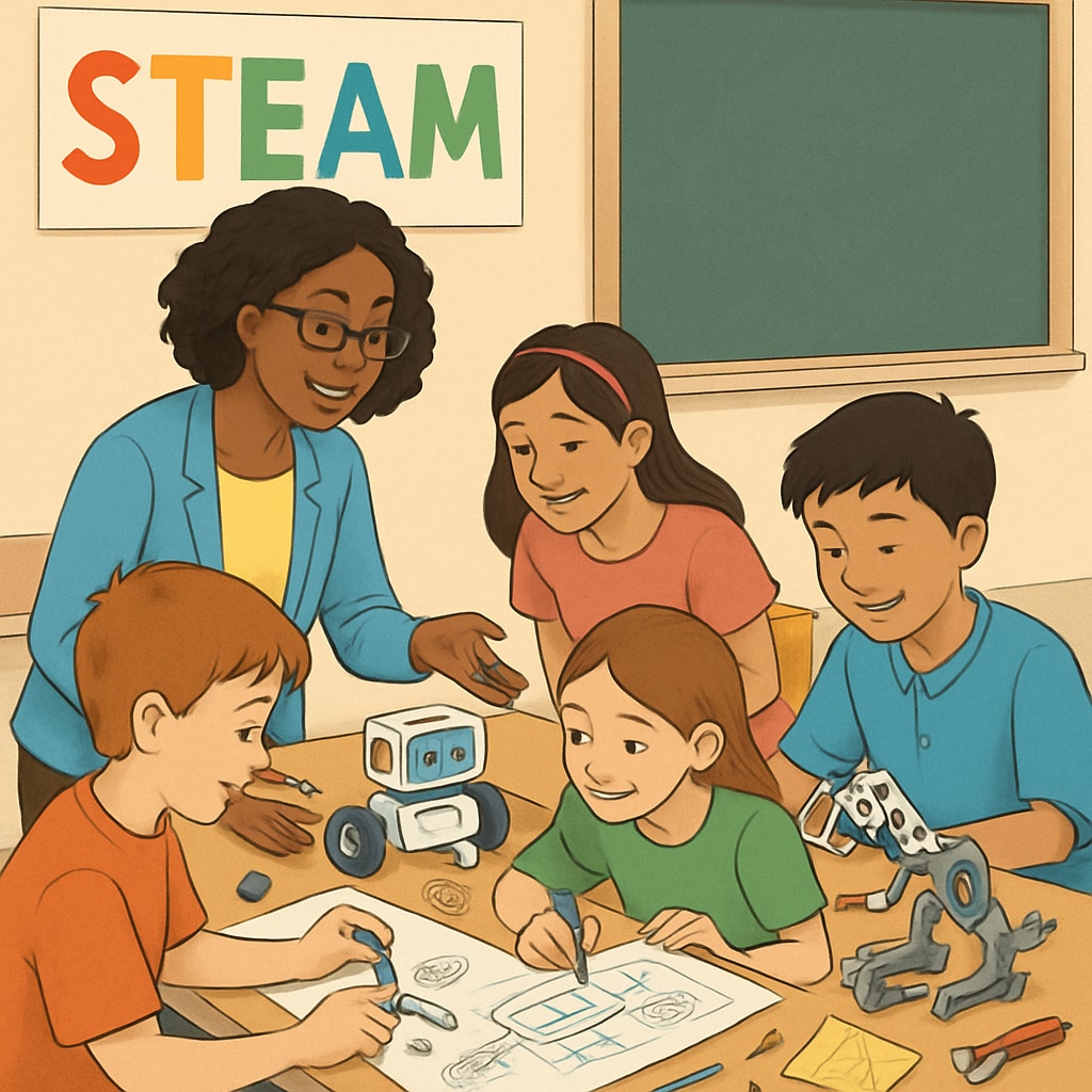 A classroom with a STEAM educator guiding students through a robotics and design project, showcasing the integration of engineering and artistic creativity. STEAM educator teaching robotics and art in the classroom
