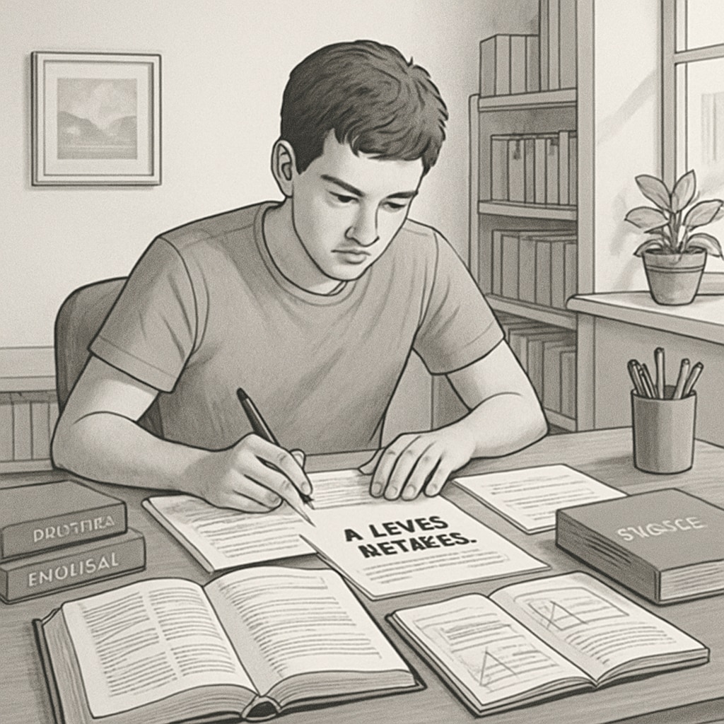 A student studying for A-level retakes at home, surrounded by books and exam papers. A-level student preparing for retakes with study materials.