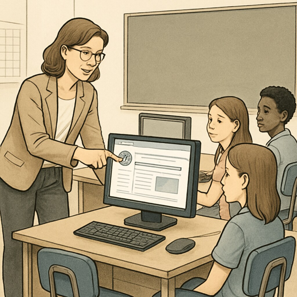 A teacher assisting students in a classroom, pointing to a computer screen while explaining digital literacy, illustrating the importance of guided internet use. A teacher helping students navigate online educational resources responsibly.