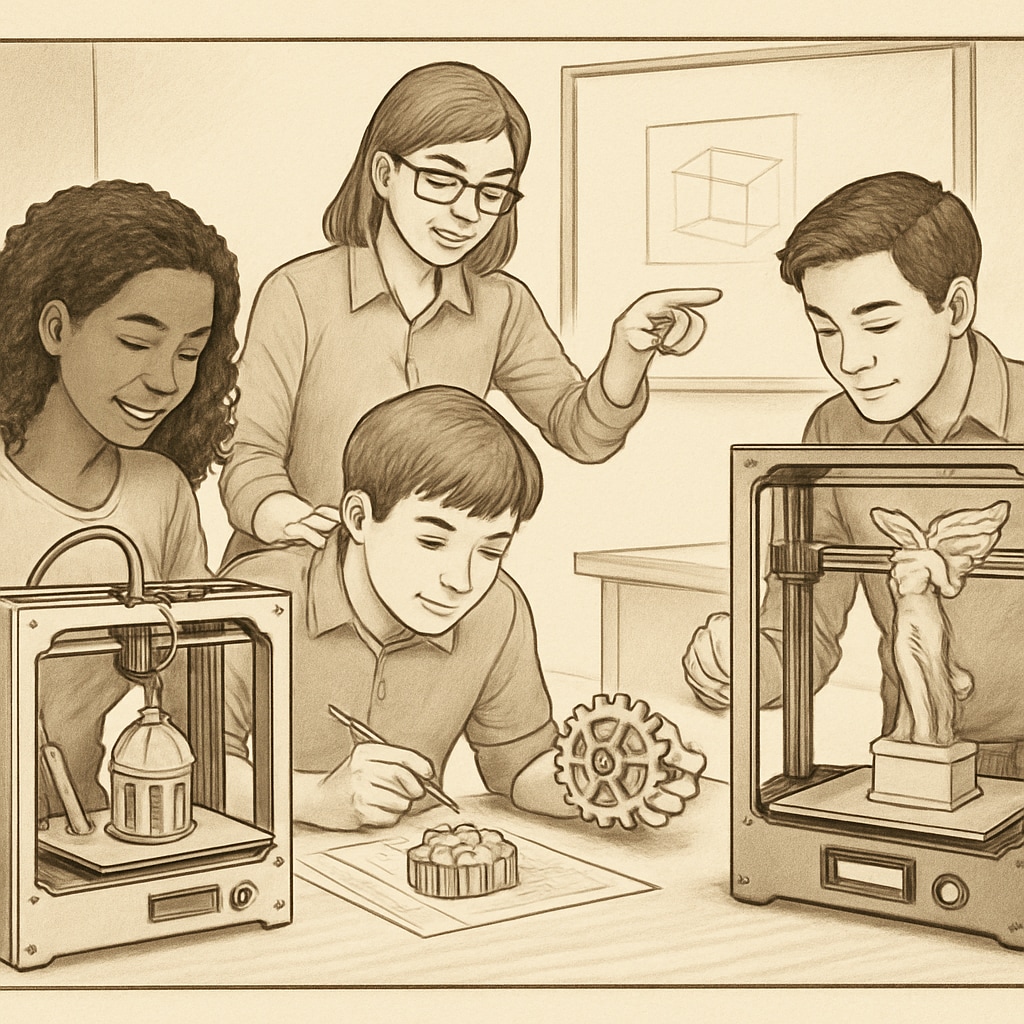 Students collaborating on a digital fabrication project, using 3D printers to create models that combine engineering and artistic elements. Students working on a 3D printing project blending engineering and art