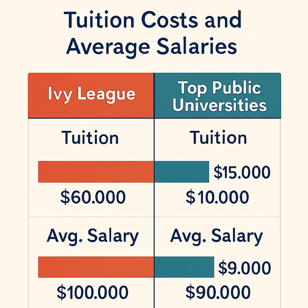 Tuition and salary comparison between Ivy League and public university graduates.