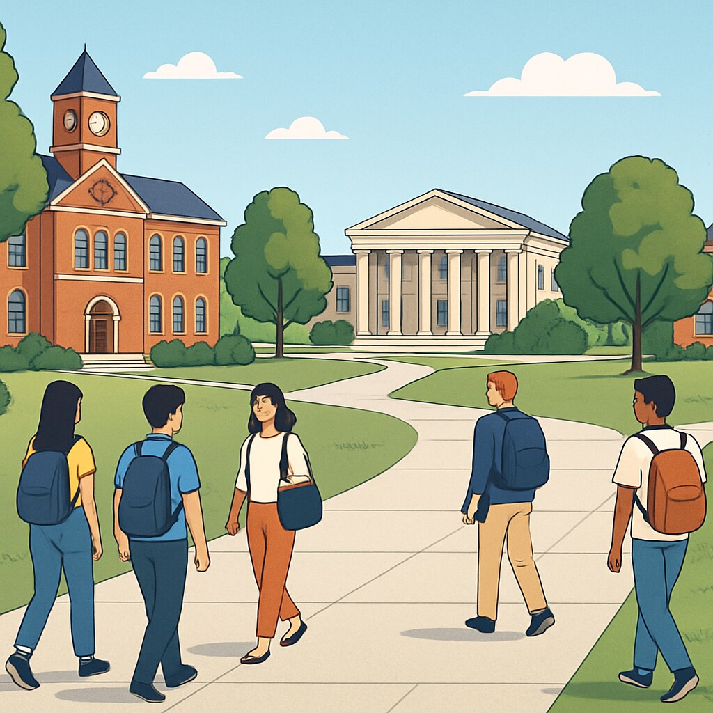 A university campus with students walking on pathways, symbolizing opportunities at various institutions. University campus representing options for A-level students.