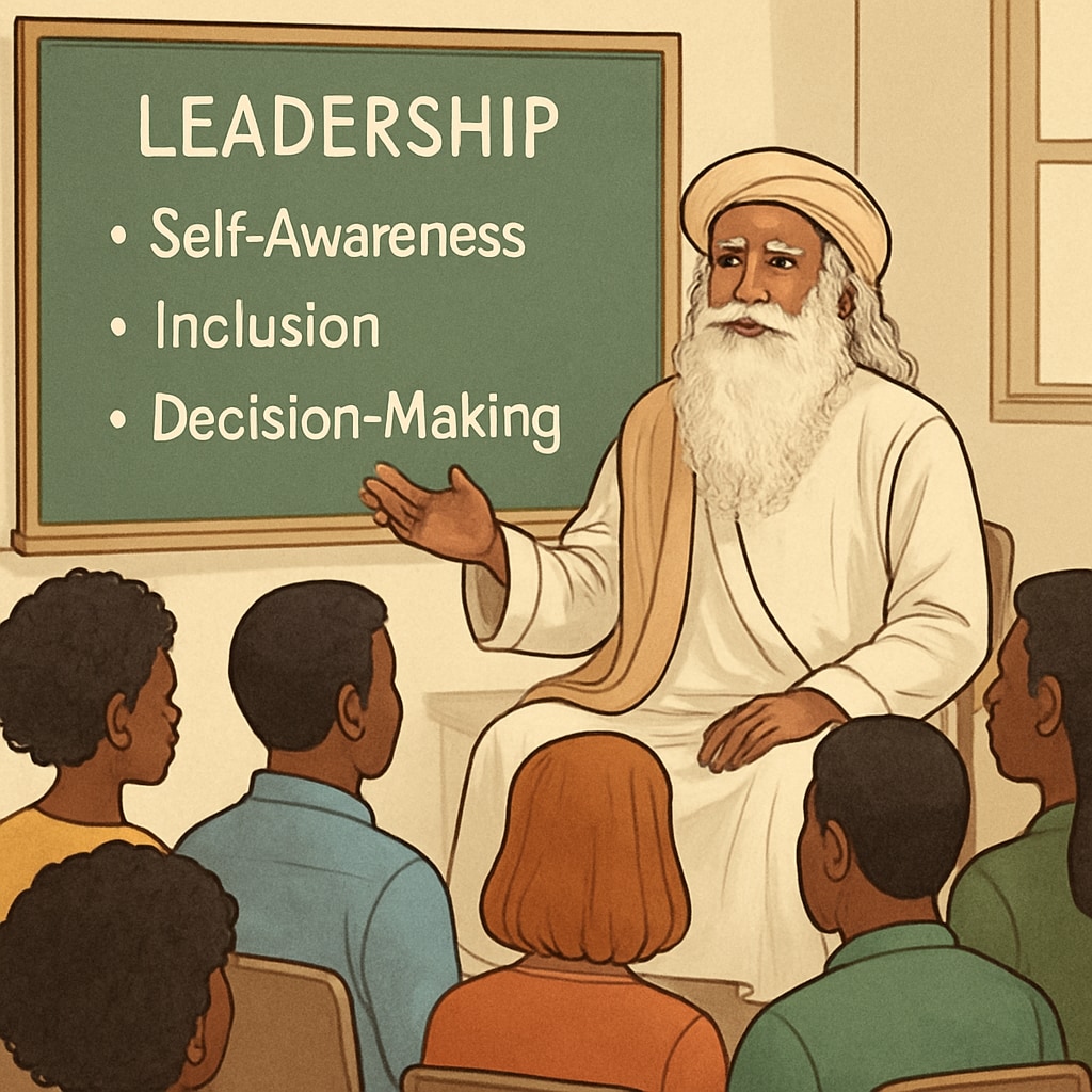 Sadhguru speaking to a diverse audience about leadership concepts, highlighting his insights on self-awareness, inclusion, and decision-making. Sadhguru addressing an audience on leadership and self-awareness.