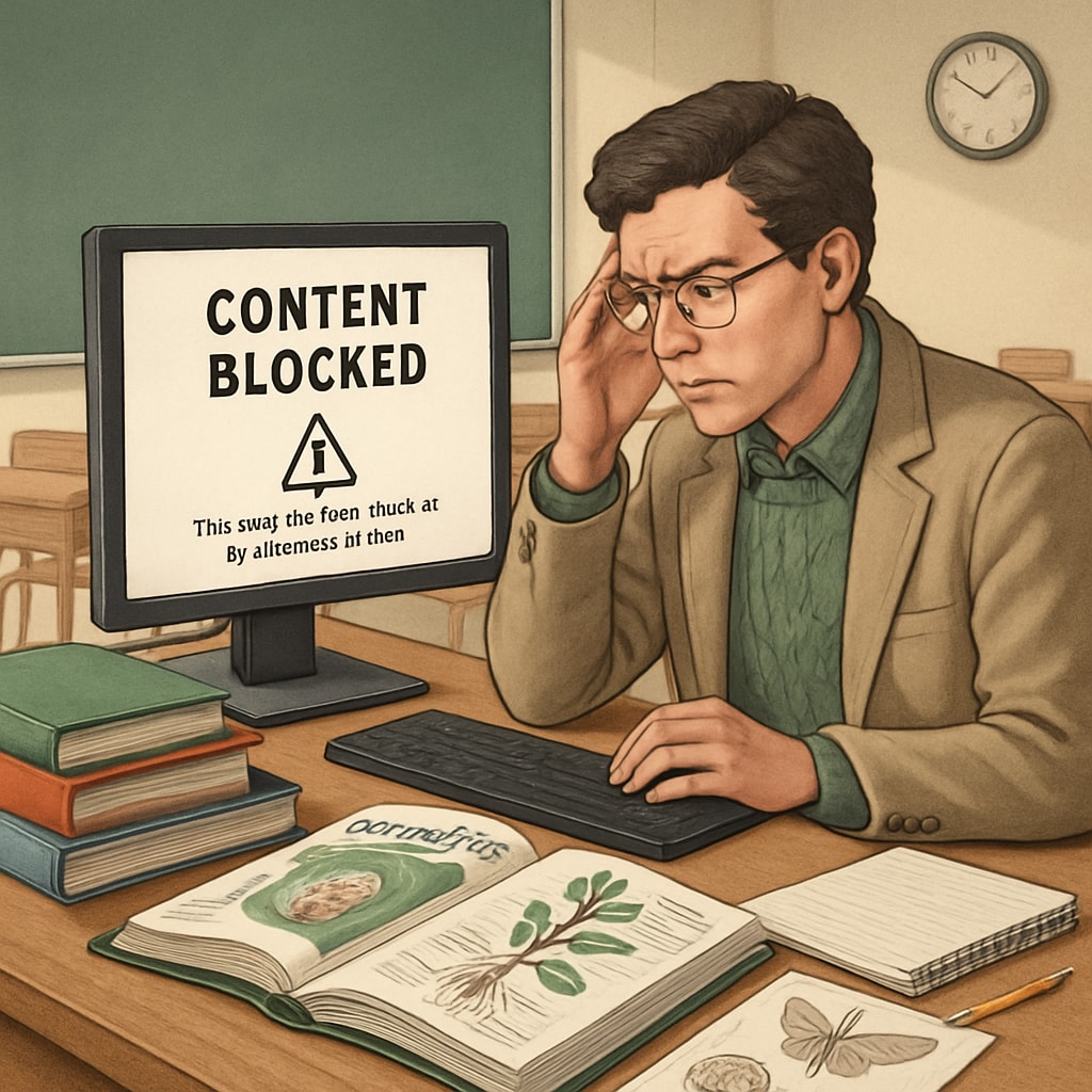 A teacher facing difficulties accessing a biology resource blocked by state-level content filters. A teacher navigating online educational platforms restricted by content censorship laws.