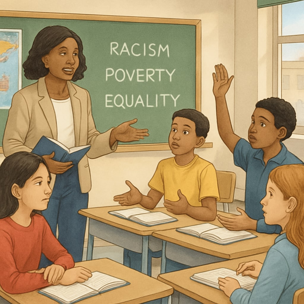 A classroom with diverse students and a teacher engaging in a discussion about social issues. Diverse classroom discussing social issues, representing wokeness in schools.