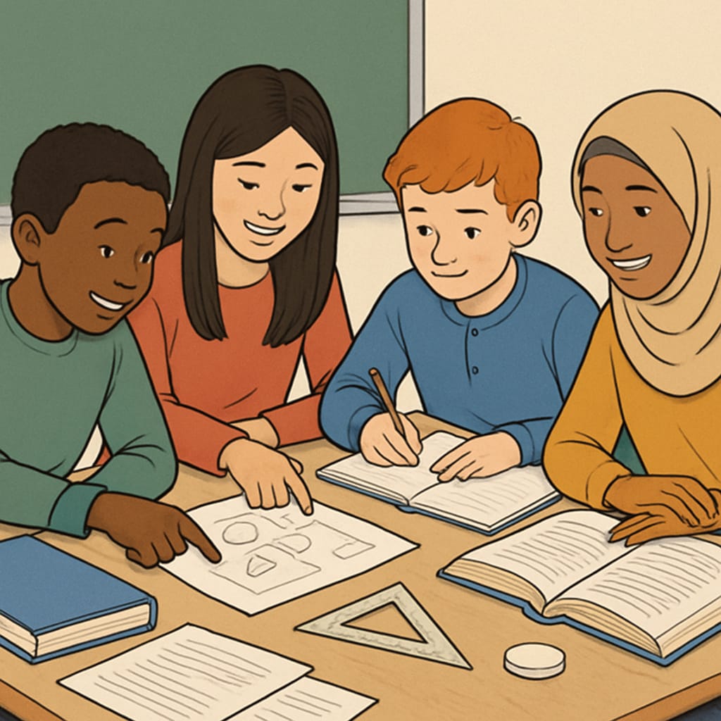 A diverse group of students working collaboratively on a classroom project, symbolizing inclusivity. Inclusive classroom project with diverse students collaborating.