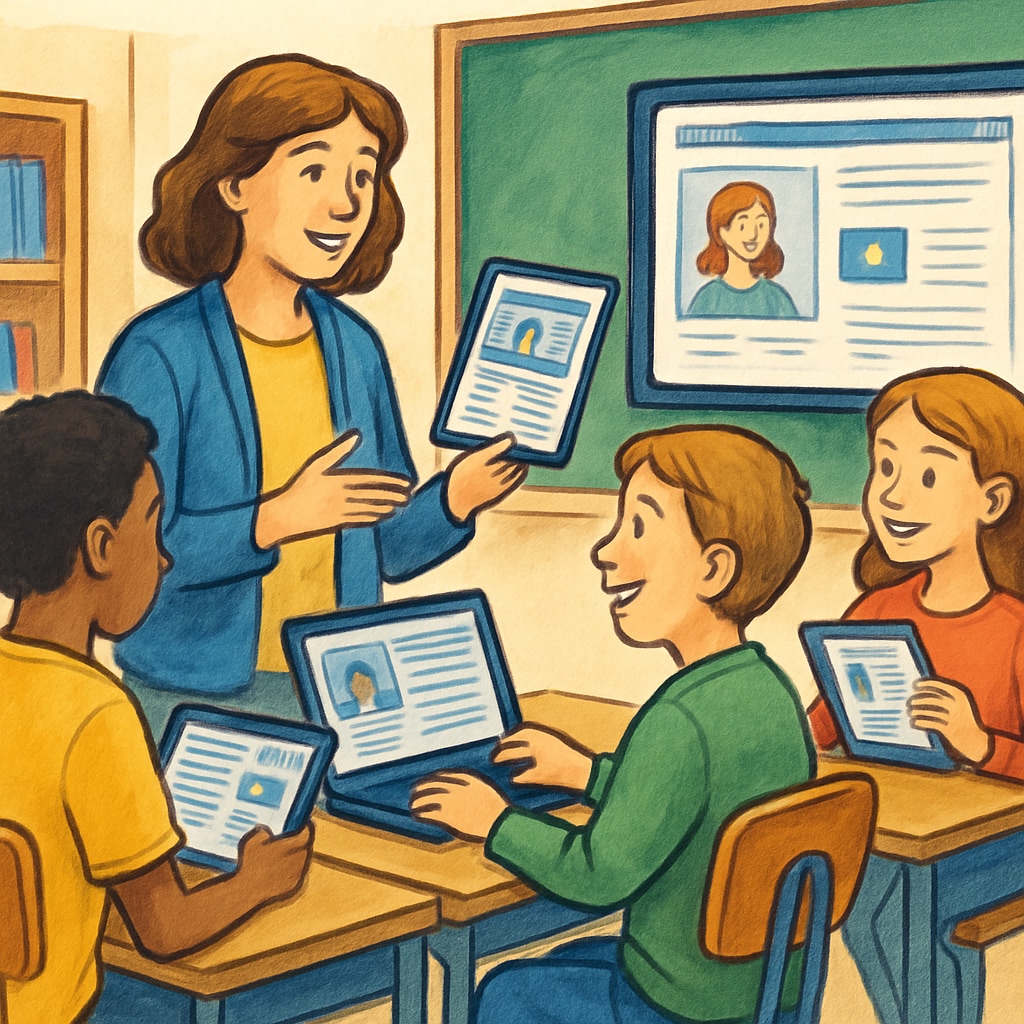 A teacher engaging with students using online resources, symbolizing the connection between digital platforms and K12 education. Teacher using online educational tools for K12 learning.