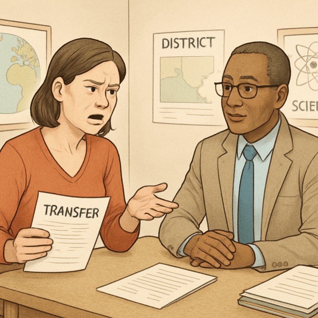 A frustrated parent holding transfer documents while speaking to a school administrator, highlighting the challenges in navigating school district communication barriers. Parent discussing school transfer issues with an administrator.
