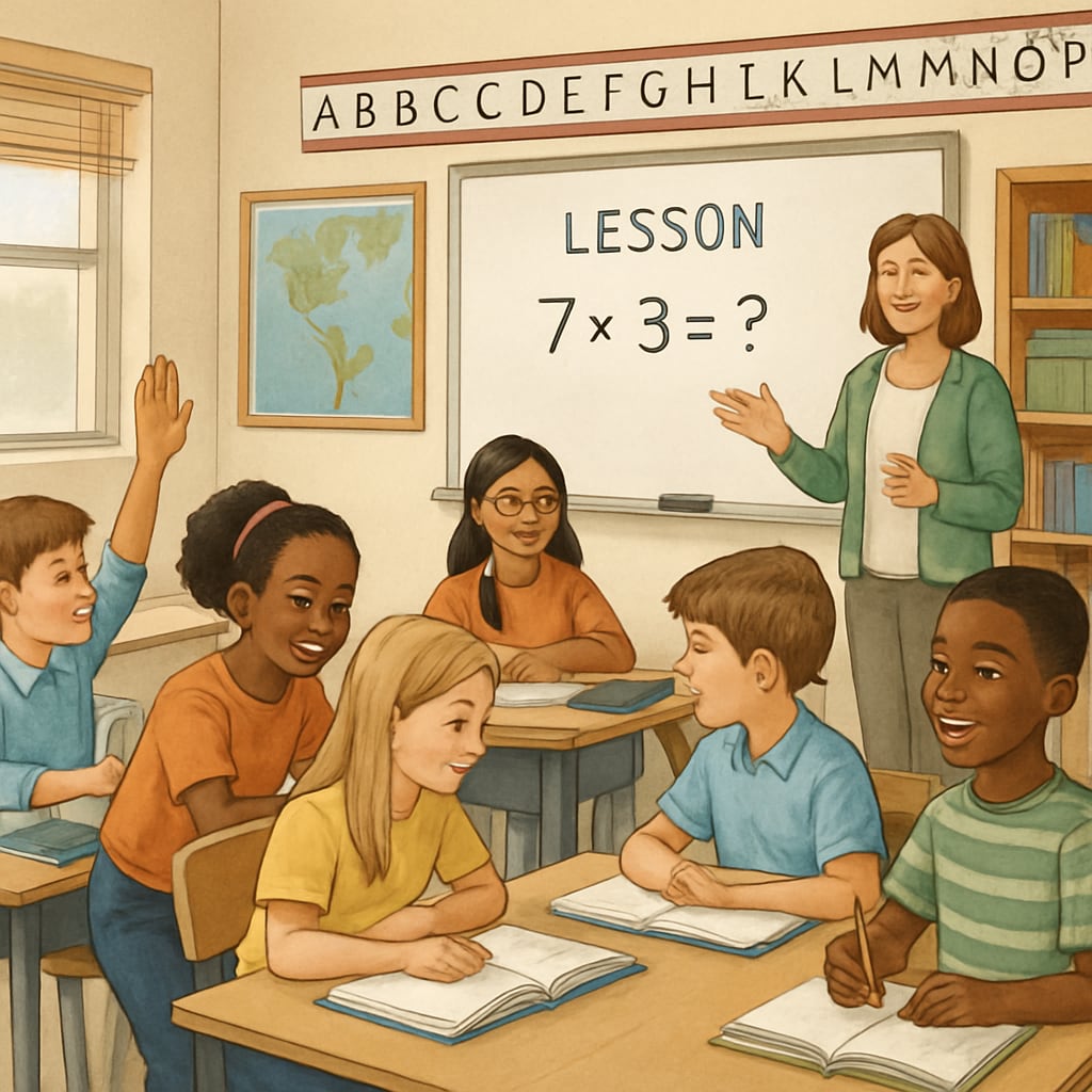 A classroom setting with students learning in a diverse, interactive environment typical of U.S. schools. Students in a U.S. classroom environment participating in interactive learning.