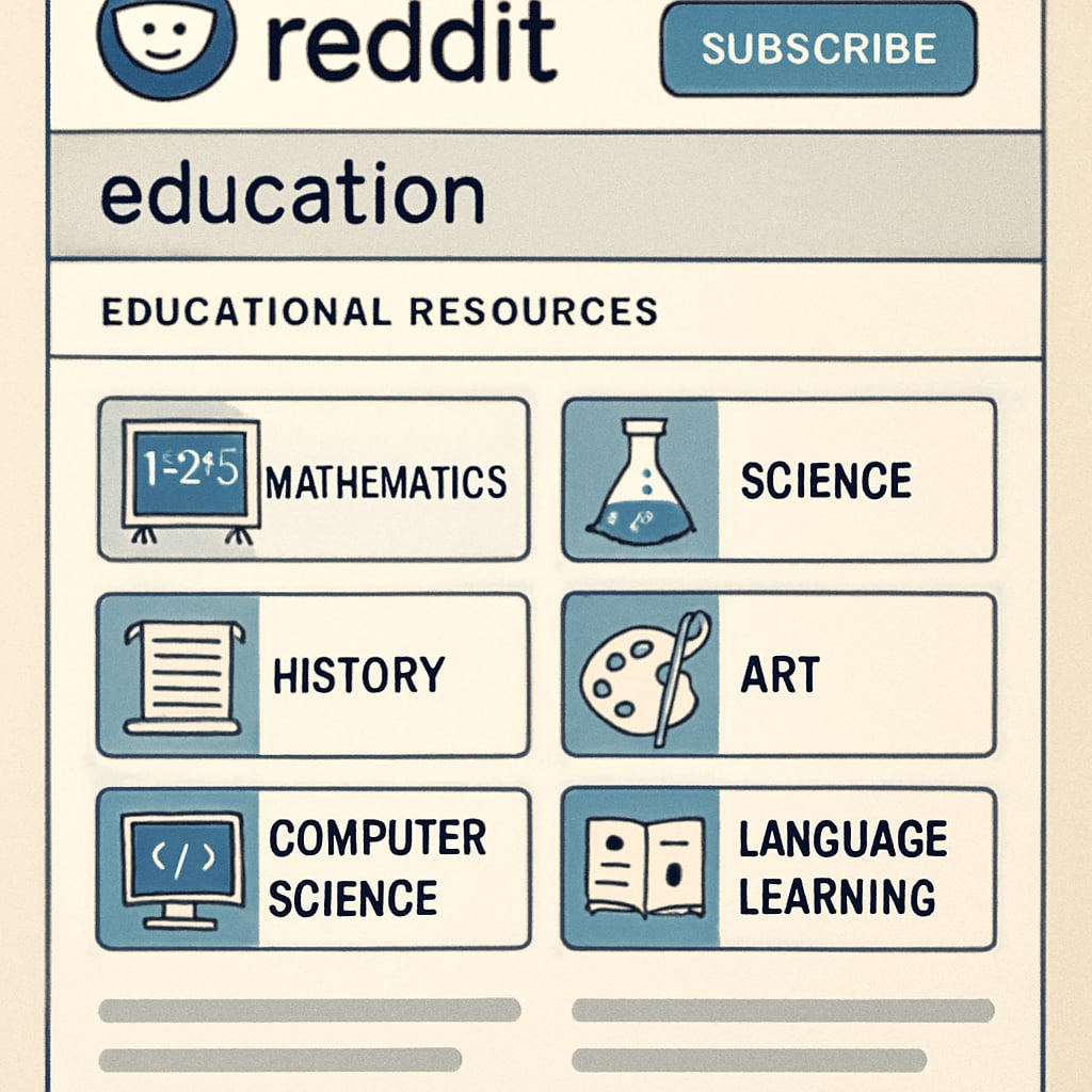 A visually organized Reddit subreddit interface displaying various educational topics, highlighting the accessibility of resources. Reddit interface showcasing educational subreddits and resources.