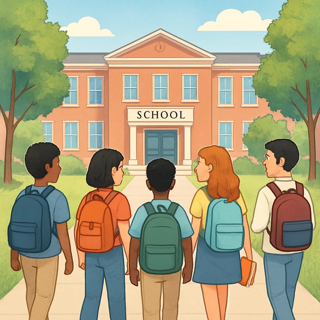 A diverse group of students walking into a school building, symbolizing inclusivity and new opportunities after overcoming transfer challenges. Diverse students entering a school, representing educational opportunities.