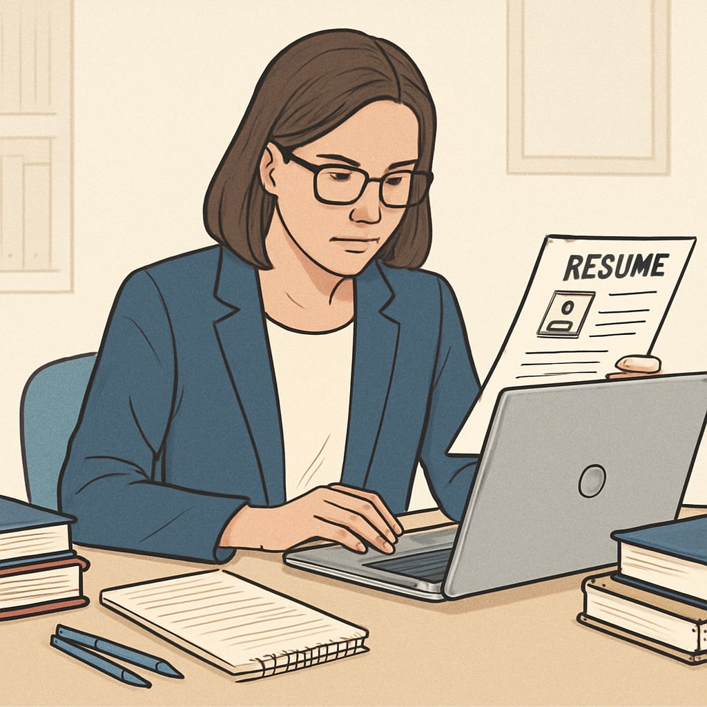 A professional educator working on a laptop, reviewing their resume for job applications. Educator optimizing their resume for K12 teaching positions in Canada.