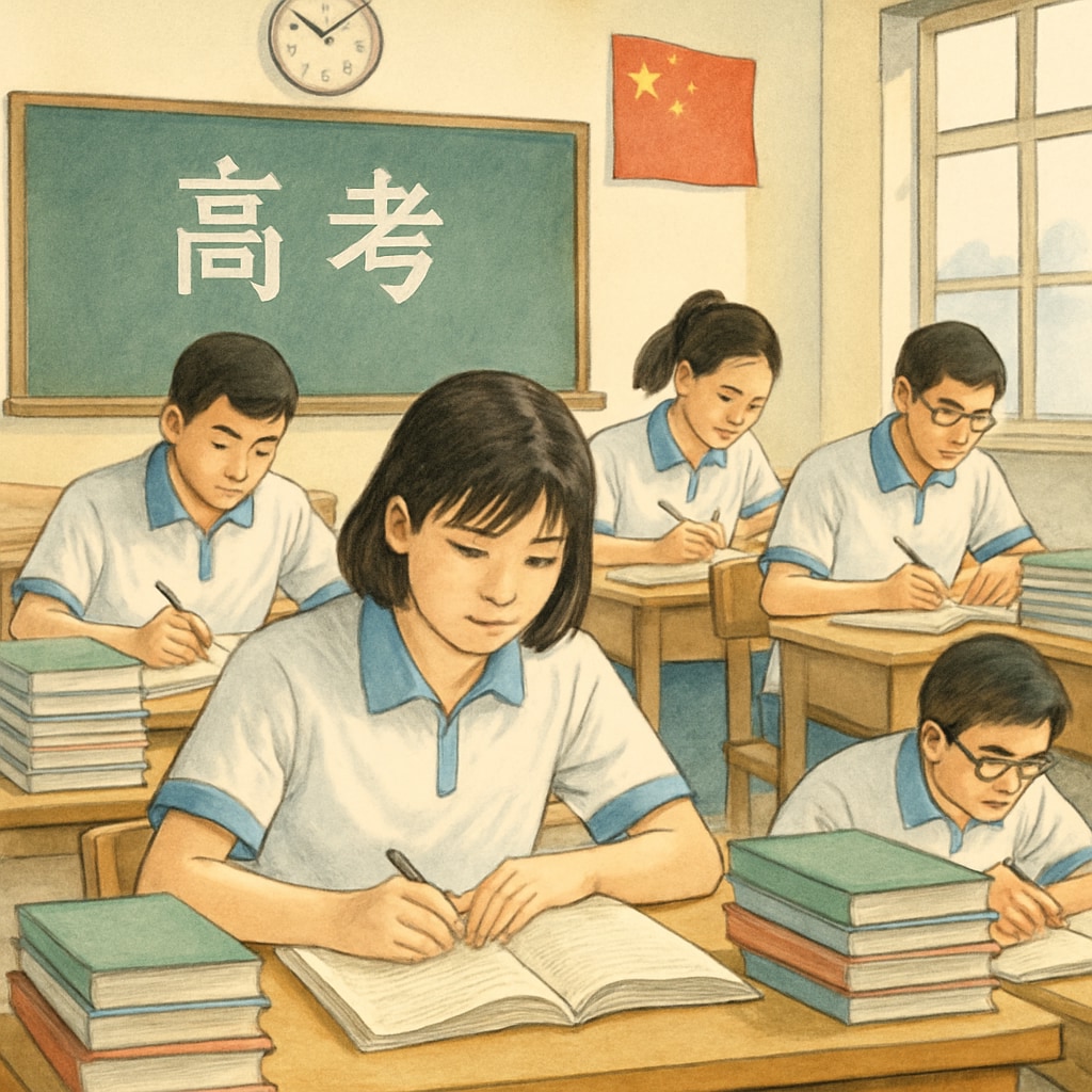 Students preparing for the Gaokao exam in a Chinese classroom, showcasing a focused and disciplined environment. Chinese students preparing for the Gaokao exam in a classroom setting.