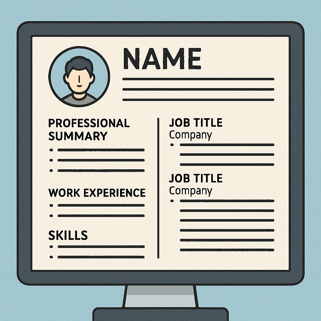 A structured resume template displayed on a computer screen, highlighting key sections such as work experience, skills, and professional summary. Example of a Canadian resume template for K12 education jobs.