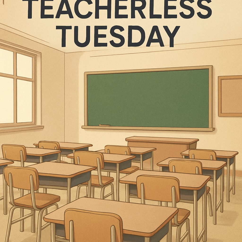 A classroom with empty chairs and desks symbolizing the absence of teachers on Teacherless Tuesday. Classroom without teachers, representing Teacherless Tuesday,教师抗议,集体请假(英文).