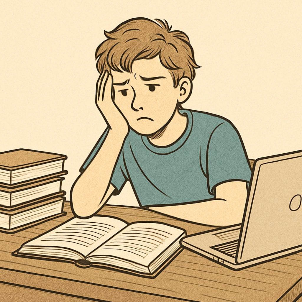 A teenager sitting at a desk with books and a laptop, looking frustrated, symbolizing academic challenges and the need for support. Teenager facing academic challenges, representing the need for motivation and guidance.