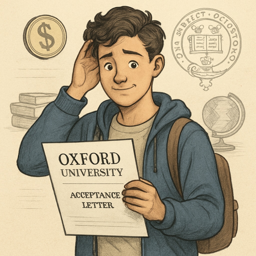 A young student holding an acceptance letter to Oxford University, displaying a mix of excitement and financial concern. Immigrant student holding an Oxford University acceptance letter, reflecting financial challenges.