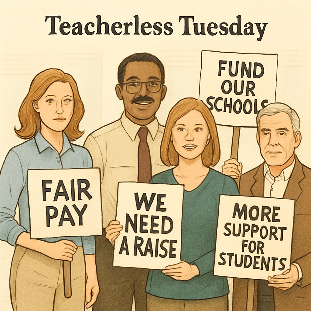 A group of teachers holding signs advocating for better salaries and resources, representing the essence of Teacherless Tuesday. Teachers protesting for better conditions during Teacherless Tuesday,教师抗议,集体请假(英文).