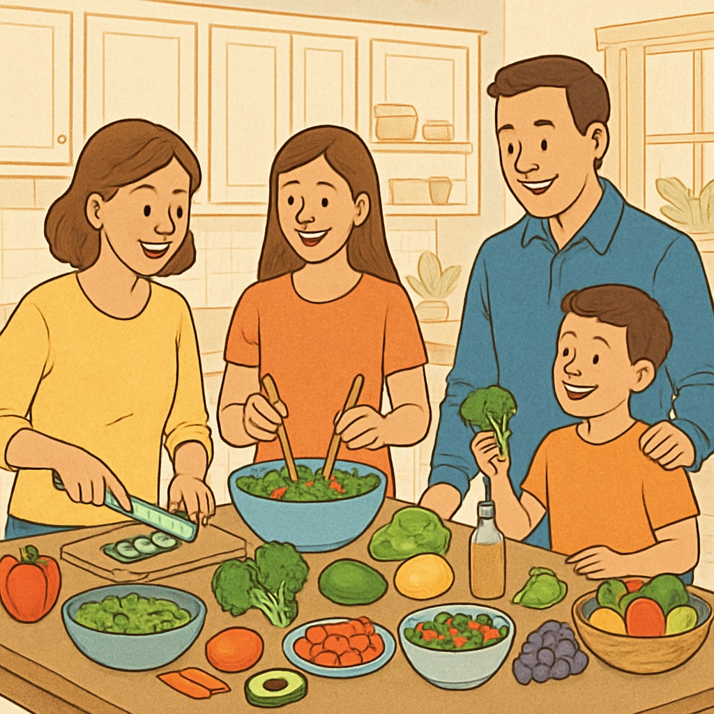 A family preparing and enjoying a healthy meal together, emphasizing the importance of nutrition and family bonding. Family promoting healthy habits through nutrition and bonding activities.
